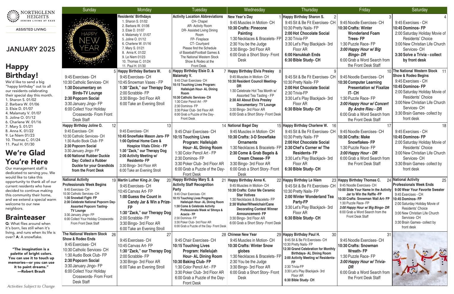 Assisted Living Event Calendar