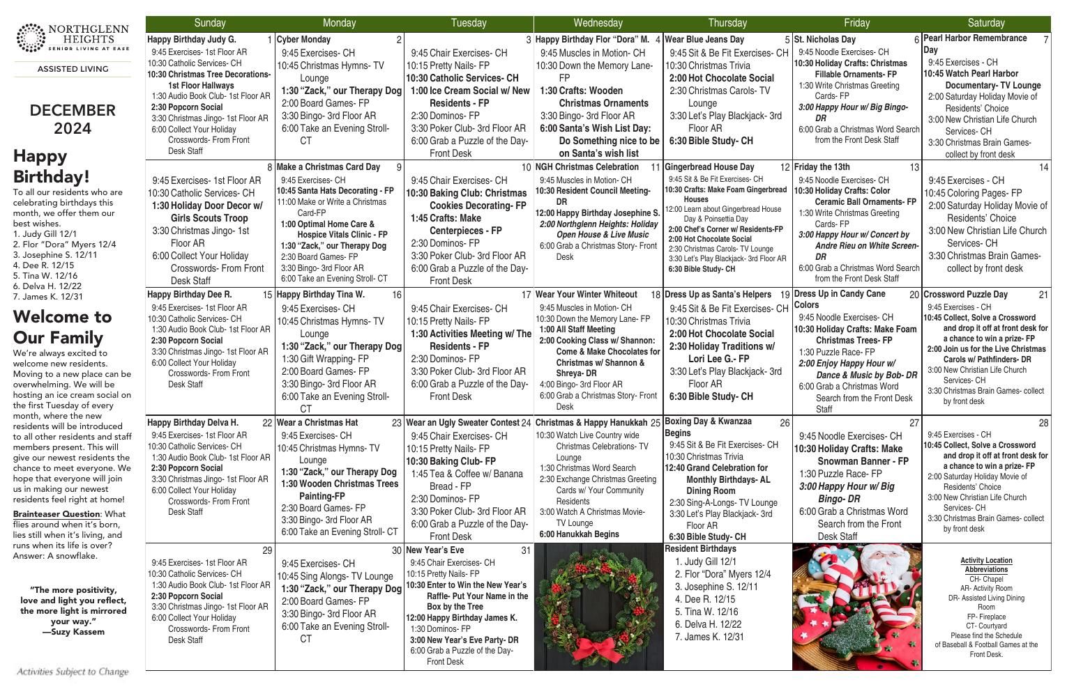 Assisted Living Event Calendar