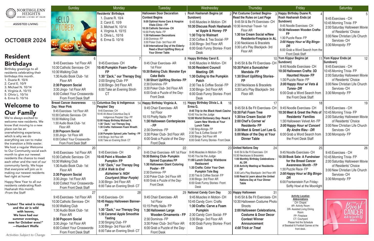 Assisted Living Event Calendar